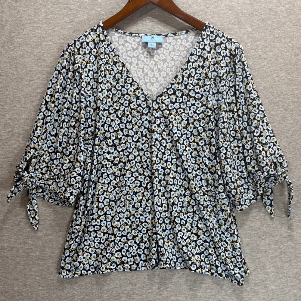 CeCe Floral V-Neck Top Womens Large Blue Puff Sleeve Tie Cuff Cottagecore